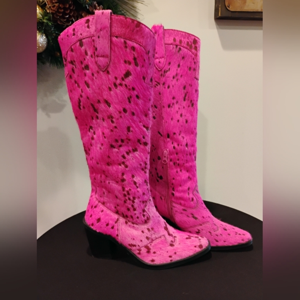 Nasty Gal Hair On Knee High Cerise Pony Skin Fuschia Cowboy Boots NWOT Size 8 - Picture 5 of 10